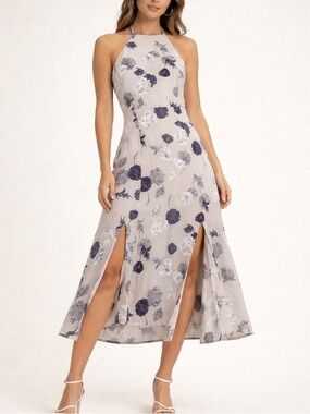 ASTR The Label Neutral Grey Halter Floral Midi Dress with Flowy Front Slits
